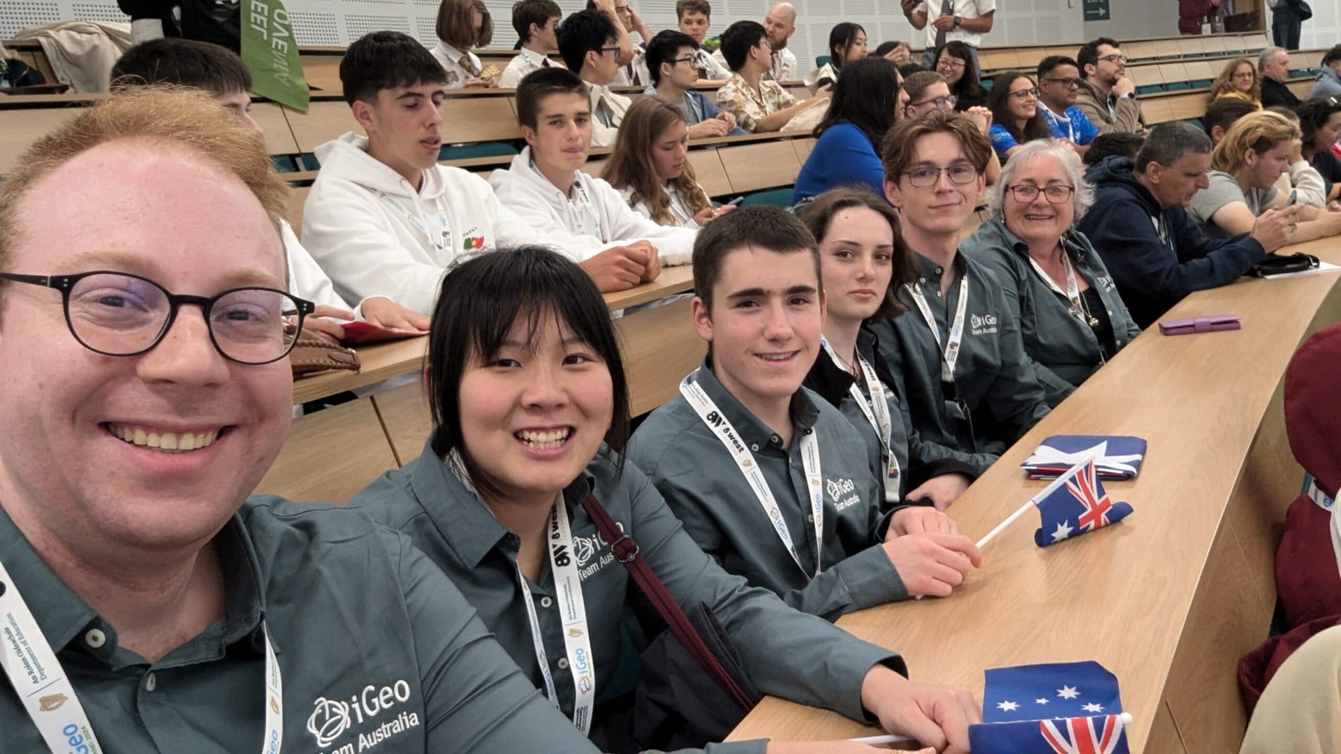 Australian team L-R: John Tasker (team leader), Sophie Chang, Drew Davison, Isla Moore, Oliver Walsh, Julie Hearnden (team leader)